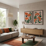 Premium Modern Geometrik Çiçek Figürlü İkili Salon Tablosu