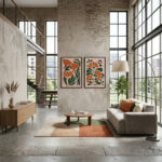 Premium Modern Geometrik Çiçek Figürlü İkili Salon Tablosu - Görsel 3
