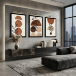 Modern Boho Üçlü MDF Tablo Seti - Terracotta Geometrik ve Yaprak Desenli Duvar Dekoru - Görsel 2