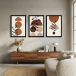 Modern Boho Üçlü MDF Tablo Seti - Terracotta Geometrik ve Yaprak Desenli Duvar Dekoru - Görsel 3