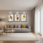 3 Parça Retro Geometrik Sanat Tablo Seti - Beyaz Çerçeveli Modern Salon ve Ofis Duvar Aksesuarı - Görsel 2